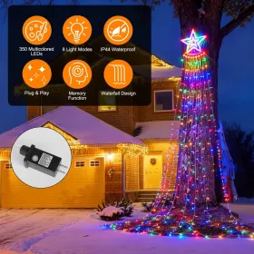 1Pc 11.48FT 350LED Multicolored Christmas Star Waterfall Tree String Light Indoor Outdoor Waterproof String Lights With Star Topper 8 Light Modes Memo