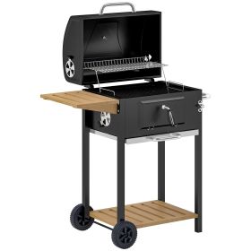 Charcoal BBQ Grill, Outdoor Portable Cooker for Camping or Backyard Picnic, Barbecue Grill with Side Table, Bottom Storage Shelf, Wheels and Hand