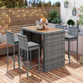 GO 5-pieces Outdoor Patio Wicker Bar Set, Bar Height Chairs With Non-Slip Feet And Fixed Rope, Removable Cushion, Acacia Wood Table Top