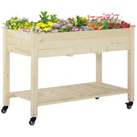 Raised Garden Bed, 47" x 22" x 33", Elevated Wooden Planter Box w/ Lockable Wheels, Storage Shelf, and Bed Liner for Backyard, Patio, Natural
