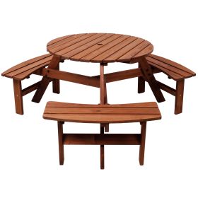 Wooden Picnic Table With 3 Built-in Benches,6 Person Kids Picnic Table, With Umbrella Hole,Camping Dining Table For Garden Patio Backyard (Option: Brown)
